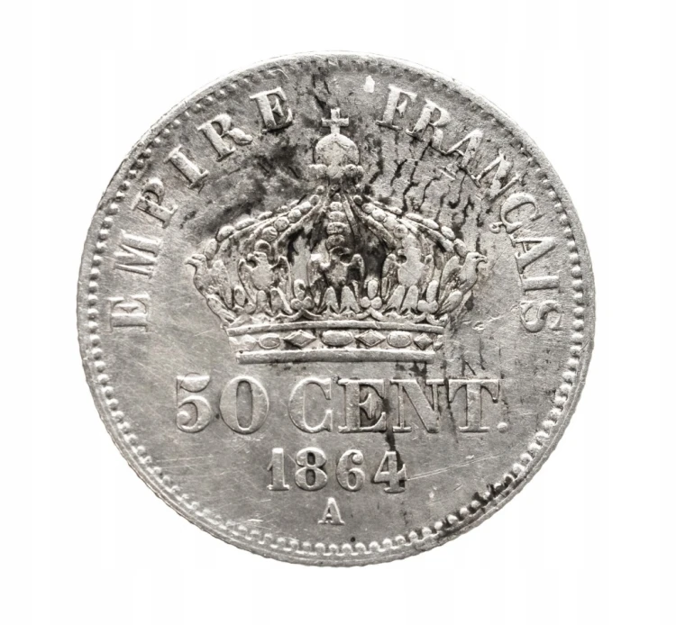 Francja, Napoleon III , 50 centymów 1864 A, Paryż