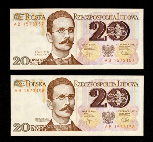 Polska, PRL, zestaw 2 x 20 ZŁOTYCH 1.06.1982, seria AB. Kolejne numery