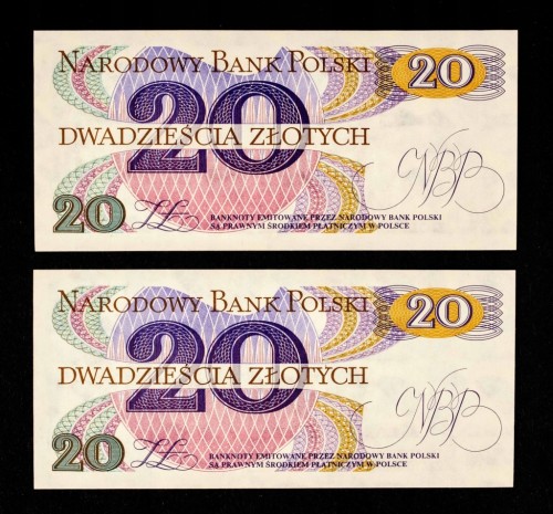 Polska, PRL, zestaw 2 x 20 ZŁOTYCH 1.06.1982, seria AB. Kolejne numery