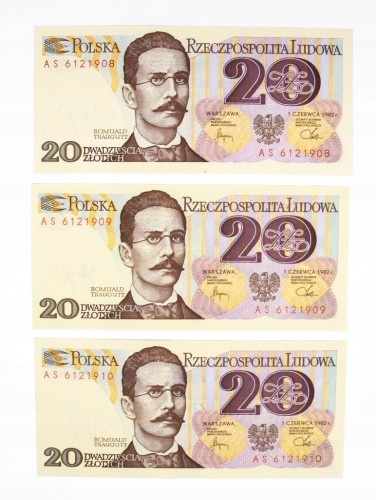 Polska, PRL, zestaw 3 x 20 ZŁOTYCH 1.06.1982, seria AS. Kolejne numery