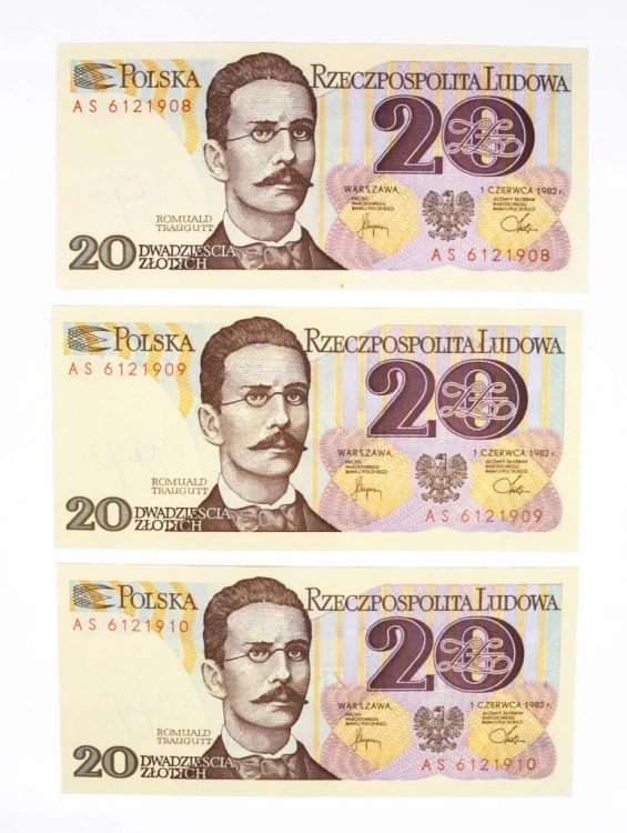 Polska, PRL, zestaw 3 x 20 ZŁOTYCH 1.06.1982, seria AS. Kolejne numery