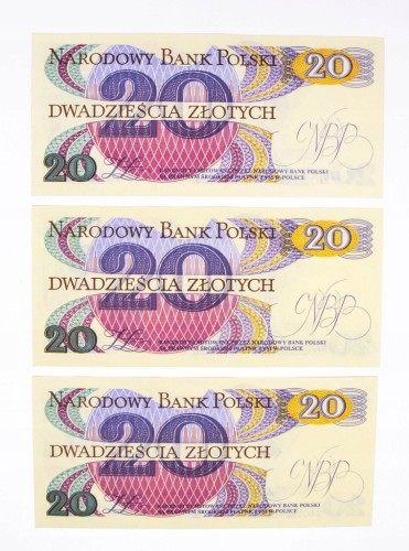Polska, PRL, zestaw 3 x 20 ZŁOTYCH 1.06.1982, seria AS. Kolejne numery