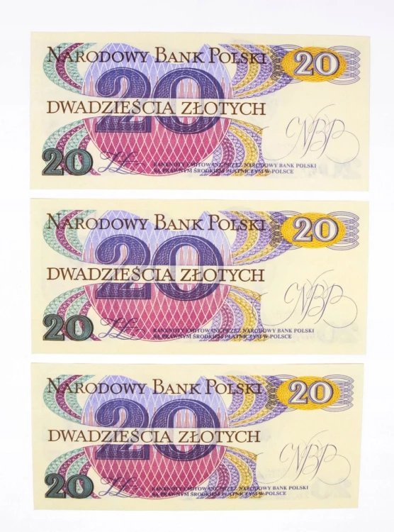 Polska, PRL, zestaw 3 x 20 ZŁOTYCH 1.06.1982, seria AS. Kolejne numery