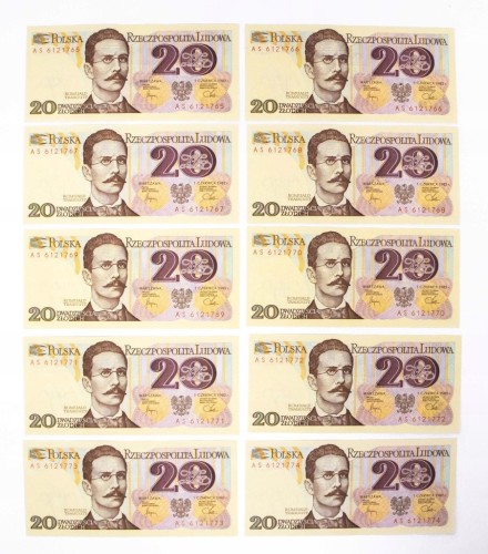 Polska, PRL, zestaw 10 x 20 ZŁOTYCH 1.06.1982, seria AS. Kolejne numery