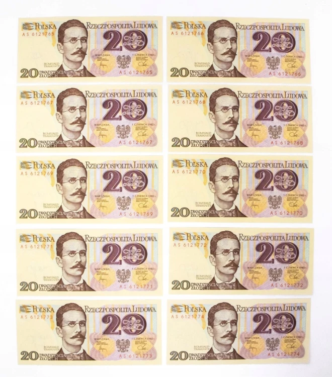 Polska, PRL, zestaw 10 x 20 ZŁOTYCH 1.06.1982, seria AS. Kolejne numery