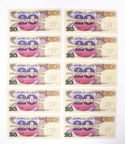 Polska, PRL, zestaw 10 x 20 ZŁOTYCH 1.06.1982, seria AS. Kolejne numery