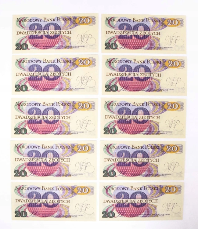 Polska, PRL, zestaw 10 x 20 ZŁOTYCH 1.06.1982, seria AS. Kolejne numery