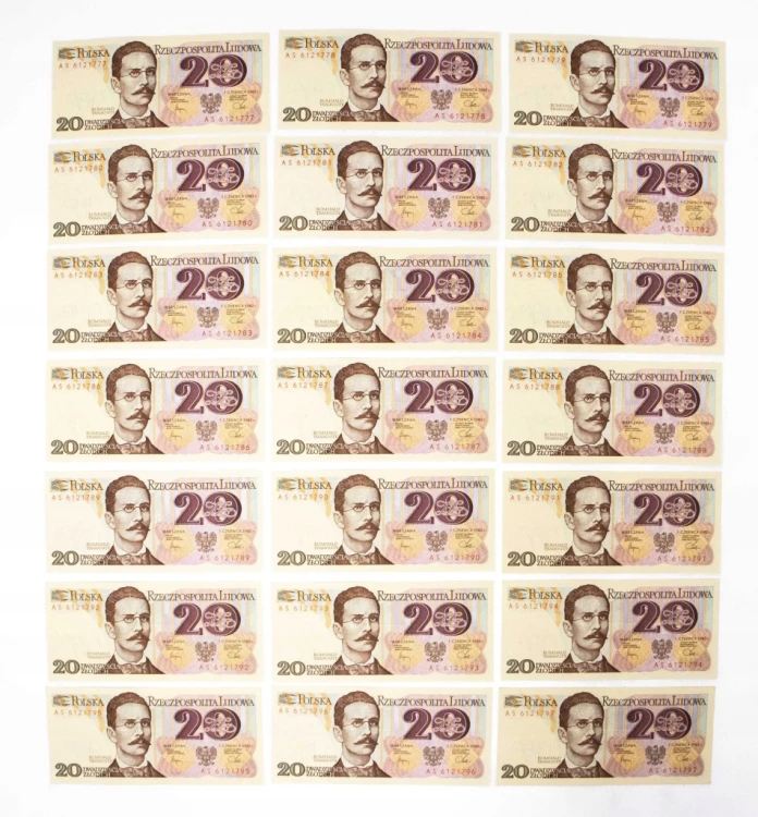 Polska, PRL, zestaw 21 x 20 ZŁOTYCH 1.06.1982, seria AS