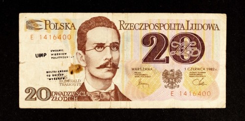 SOLIDARNOŚĆ, 20 zł 1.06.1982, seria E, stempel na banknocie z obiegu