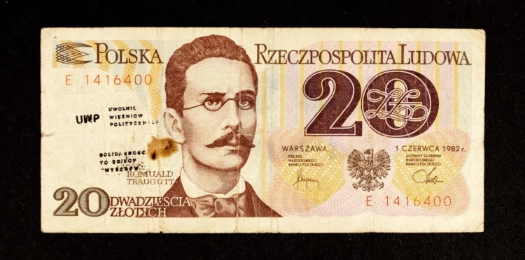 SOLIDARNOŚĆ, 20 zł 1.06.1982, seria E, stempel na banknocie z obiegu