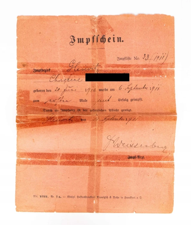 STARY DOKUMENT, ŚWIADECTWO SZCZEPNIENIA, GLIWICE 1910