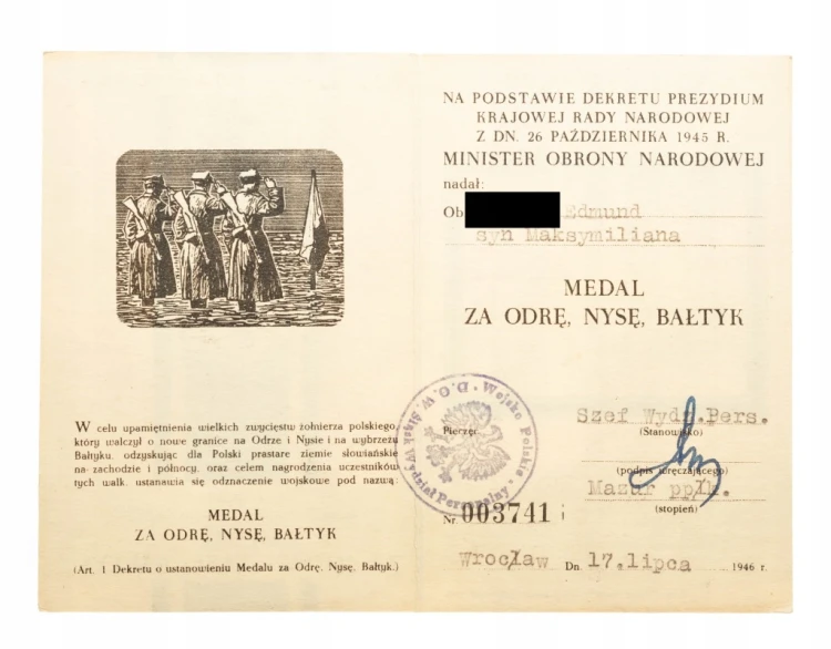 MEDAL ZA ODRĘ - NYSĘ - BAŁTYK Z LEGITYMACJĄ, WROCŁAW 1946