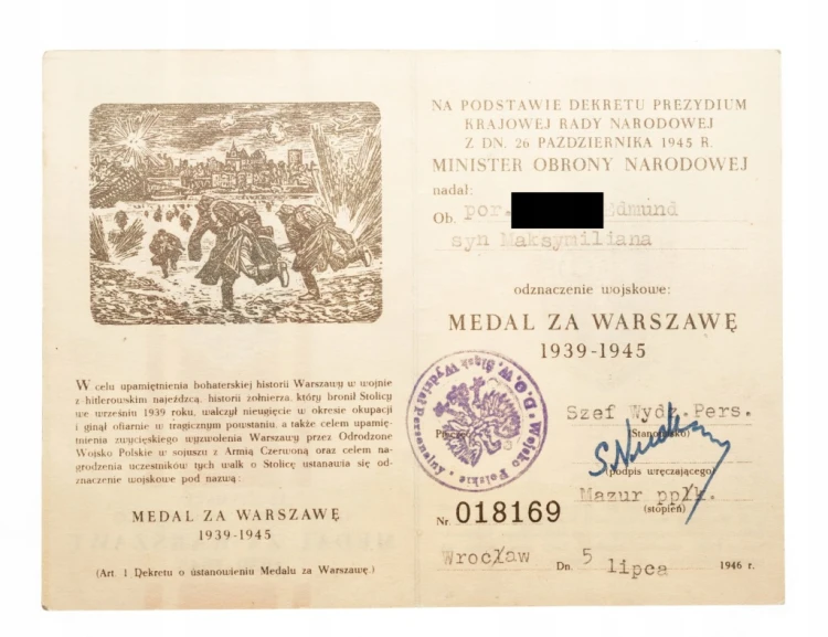 MEDAL ZA WARSZAWĘ 1939-1945 Z LEGITYMACJĄ, WROCŁAW 1946