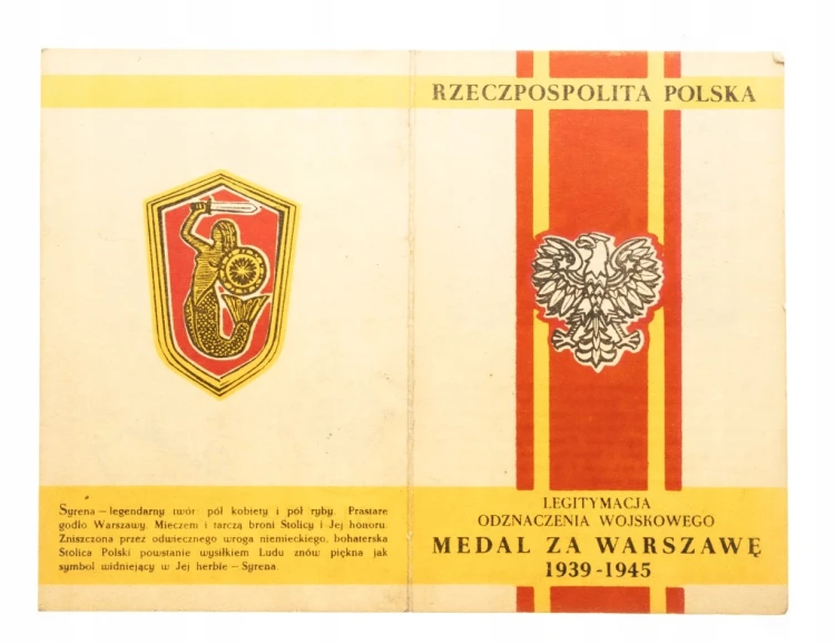 MEDAL ZA WARSZAWĘ 1939-1945 Z LEGITYMACJĄ, WROCŁAW 1946