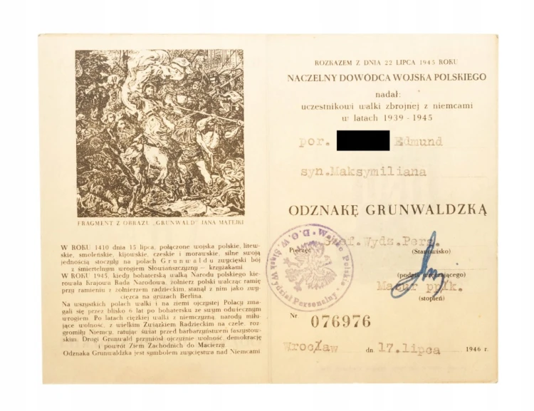 ODZNAKA GRUNWALDZKA 1939-1945 Z LEGITYMACJĄ, WROCŁAW 1946