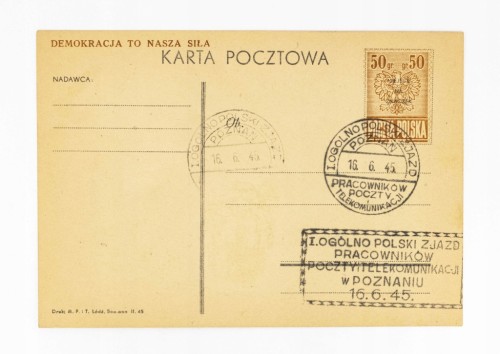 POCZTÓWKA I OGÓLNOPOLSKI ZJAZD PRACOWNIKÓW POCZTY I TELEKOM., POZNAŃ 1945