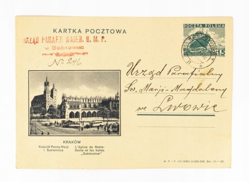 KRAKÓW - SUKIENNICE, URZĄD PARAFIALNY SOSNOWIEC / LWÓW 1937