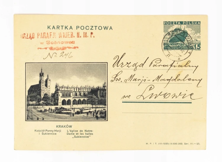 KRAKÓW - SUKIENNICE, URZĄD PARAFIALNY SOSNOWIEC / LWÓW 1937