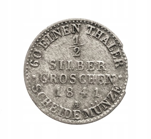 Niemcy, Prusy, Fryderyk Wilhelm IV, 1/2 srebrnego grosza 1841 A rok.