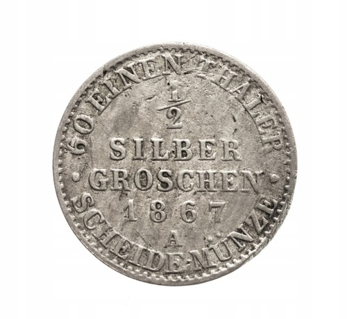 Niemcy, Prusy, Wilhelm I 1861-88, 1/2 srebrnego grosza 1867 A rok.