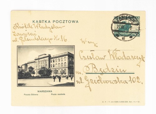 WARSZAWA - POCZTA GŁÓWNA, ZAWIERCIE / BĘDZIN 1937