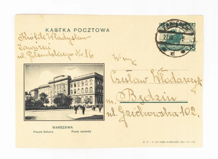 WARSZAWA - POCZTA GŁÓWNA, ZAWIERCIE / BĘDZIN 1937