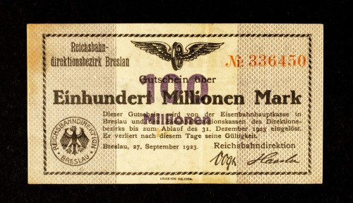 Śląsk, notgeld bon kolejowy 100 milionów marek, Wrocław 27.09.1923
