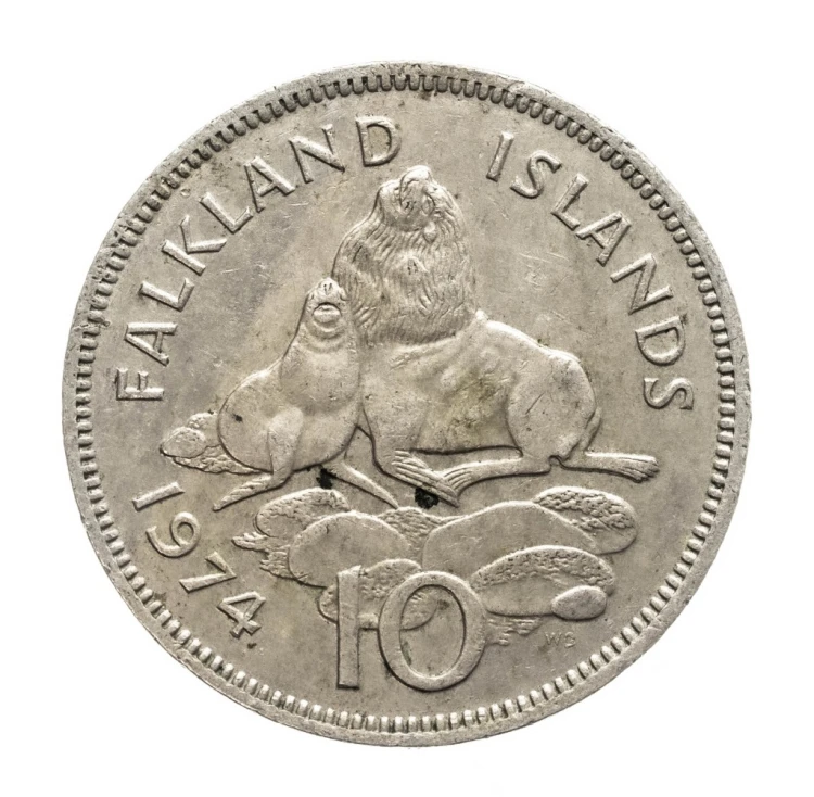 Falklandy, Elżbieta II, 10 pensów Foka 1974 rok.