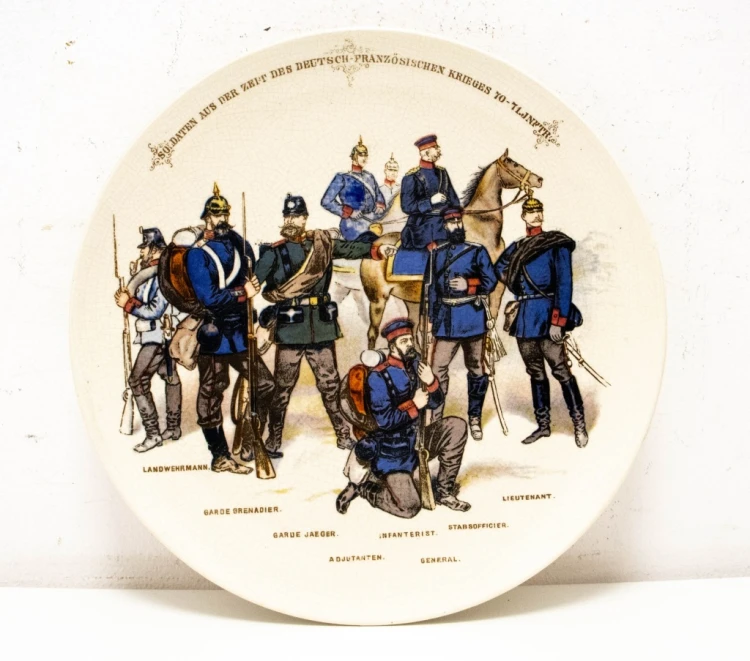 STARY CERAMICZNY TALERZ, ŻOŁNIERZE Z WOJNY FRANCUSKO-PRUSKIEJ 1870-1871