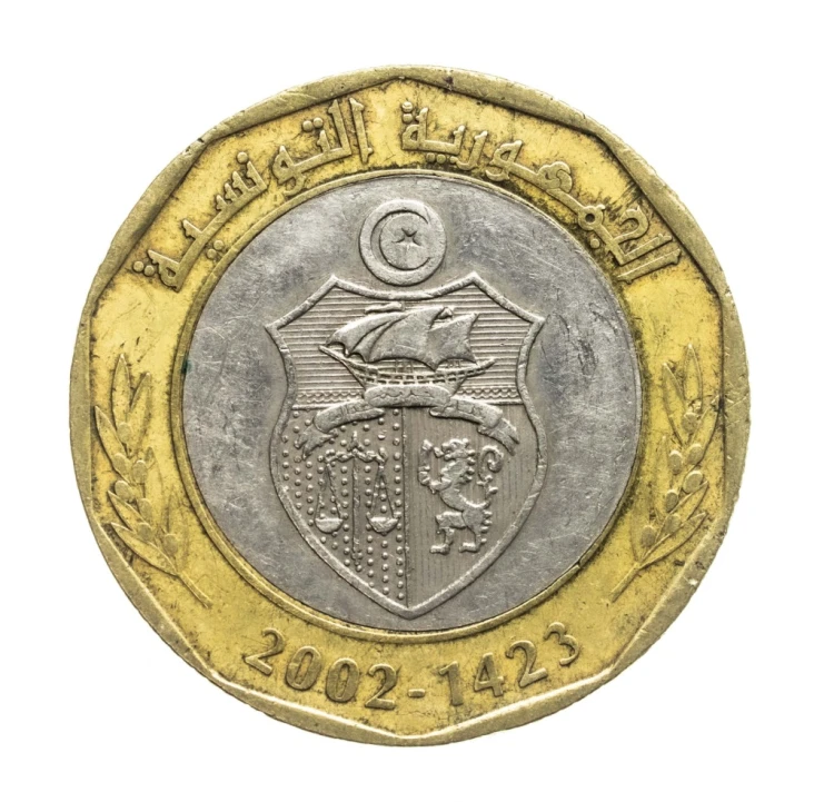 Tunezja, 5 dinarów, 2. rocznica śmierci Habiba Bourguiby, 1423 (2002) rok.