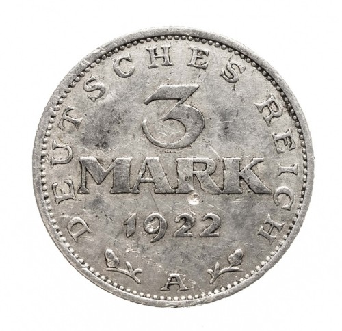 Niemcy, Republika Weimarska, 3 marki 1922 A rok.