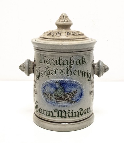 STARY CERAMICZNY POJEMNIK NA TABAKĘ, FISCHER & HERWIG, HANN. MUNDEN