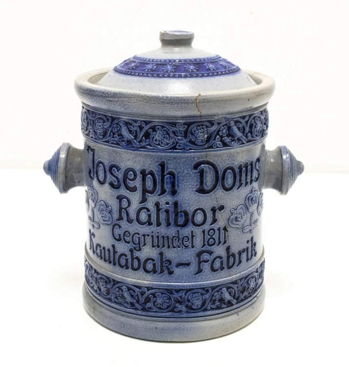 STARY CERAMICZNY POJEMNIK NA TABAKĘ, JÓZEF DOMS, RACIBÓRZ (RATIBOR)