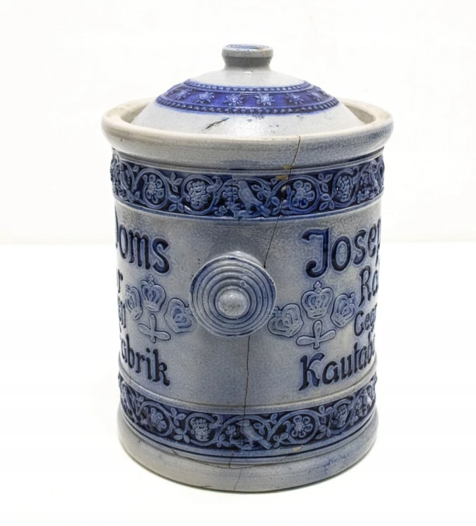 STARY CERAMICZNY POJEMNIK NA TABAKĘ, JÓZEF DOMS, RACIBÓRZ (RATIBOR)