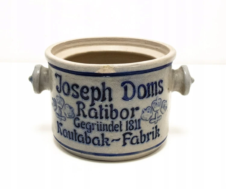 STARY CERAMICZNY POJEMNIK NA TABAKĘ, JÓZEF DOMS, RACIBÓRZ (RATIBOR)