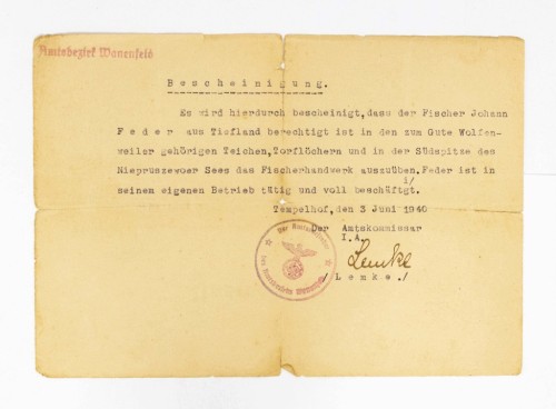 PISMO POZWOLENIE NA POŁÓW RYB - DOPIEWO, OTUSZ, NIEPRUSZEWO, DĄBRÓWKA 1940