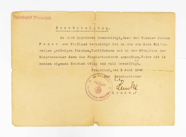 PISMO POZWOLENIE NA POŁÓW RYB - DOPIEWO, OTUSZ, NIEPRUSZEWO, DĄBRÓWKA 1940