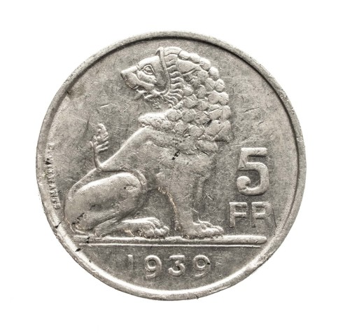 Belgia, Leopold III, 5 franków Legenda „BELGIE - BELGIQUE”, 1939 rok.