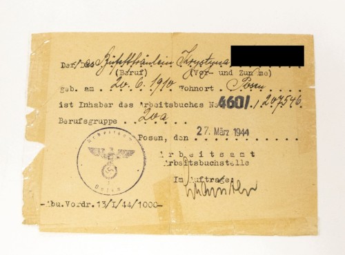 NIEMCY, III RZESZA, ZAŚWIADCZENIE POSIADANIA KSIĄŻECZKI PRACY, POZNAŃ 1944