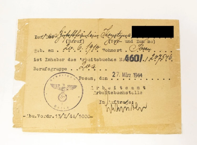 NIEMCY, III RZESZA, ZAŚWIADCZENIE POSIADANIA KSIĄŻECZKI PRACY, POZNAŃ 1944