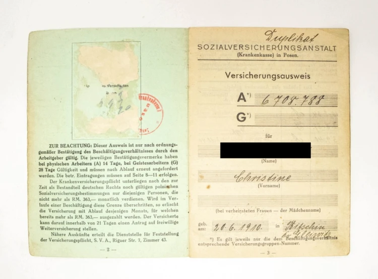 NIEMCY, III RZESZA, KSIĄŻECZKA UBEZPIECZENIOWA, POZNAŃ / BYCINA 1940