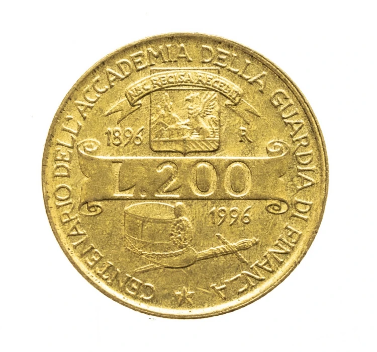 Włochy, 200 lirów 100-lecie Akademii Służby Podatkowej, 1996 rok.