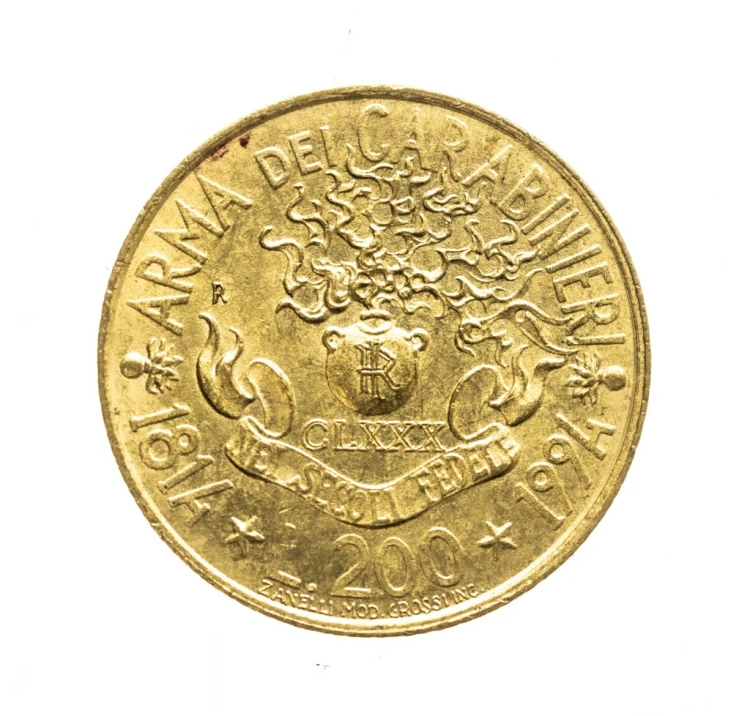 Włochy, 200 lirów 180 rocznica - Karabinierzy, 1994 rok.