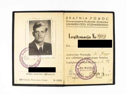 LEGITYMACJA STOWARZYSZENIE BRATNIA POMOC, UNIWERSYTET POZNAŃSKI 1949