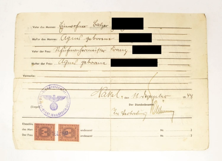 STARY DOKUMENT AKT MAŁŻEŃSTWA, KROSTKOWO / OLECHÓW / NAKŁO NAD NOTECIĄ 1944