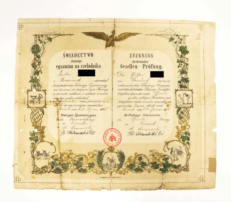 ŚWIADECTWO CZELADNICZE NA KOWALA, KAMIONKI / KÓRNIK 1806