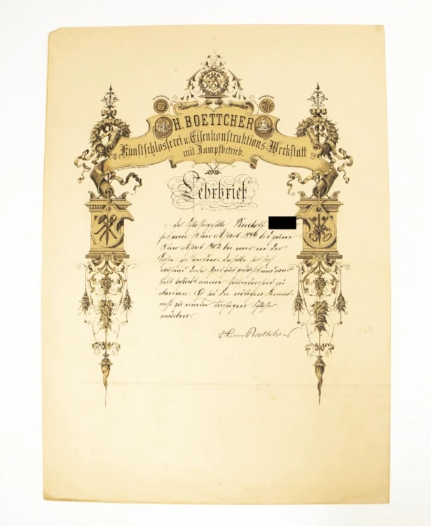ŚWIADECTWO CZELADNICZE NA ŚLUSARZA, HERMANN BOETTCHER BYDGOSZCZ 1902