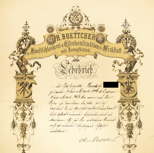 ŚWIADECTWO CZELADNICZE NA ŚLUSARZA, HERMANN BOETTCHER BYDGOSZCZ 1902