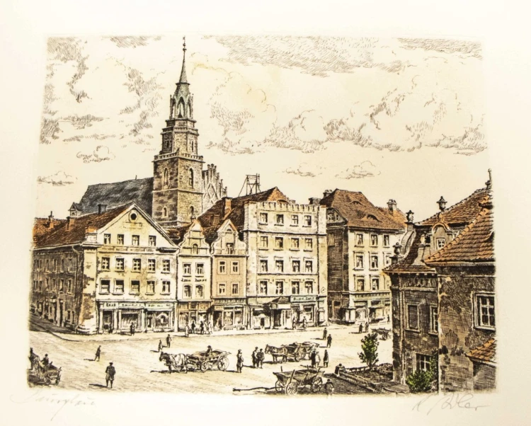 STARA GRAFIKA, AKWAFORTA PIERZEJA WSCHODNIA RYNKU, BOLESŁAWIEC