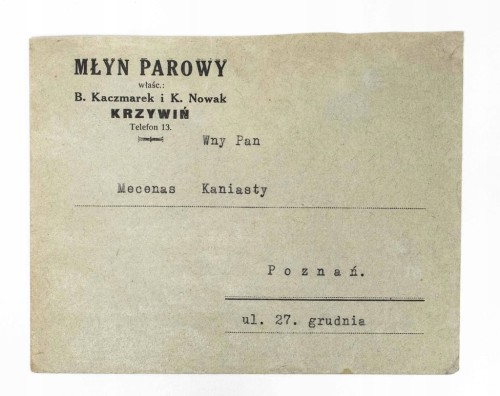 STARA KOPERTA LISTOWA - MŁYN PAROWY KACZMAREK I NOWAK, KRZYWIŃ II RP